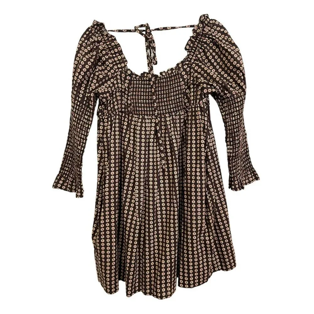 Free People Star Dip Smocked Back Babydoll Mini Dress Small NWT